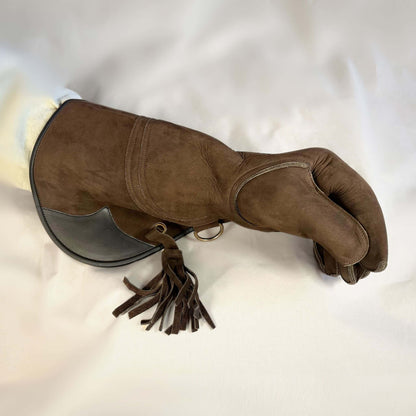 An Eagle Full-Cuff long falcon gauntlet made with Calf Leather looking at the closed fist.