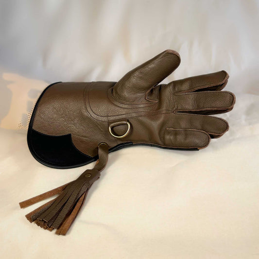 A long Half-Cuff brown falcon gauntlet made with Kangaroo Leather looking at the palm.